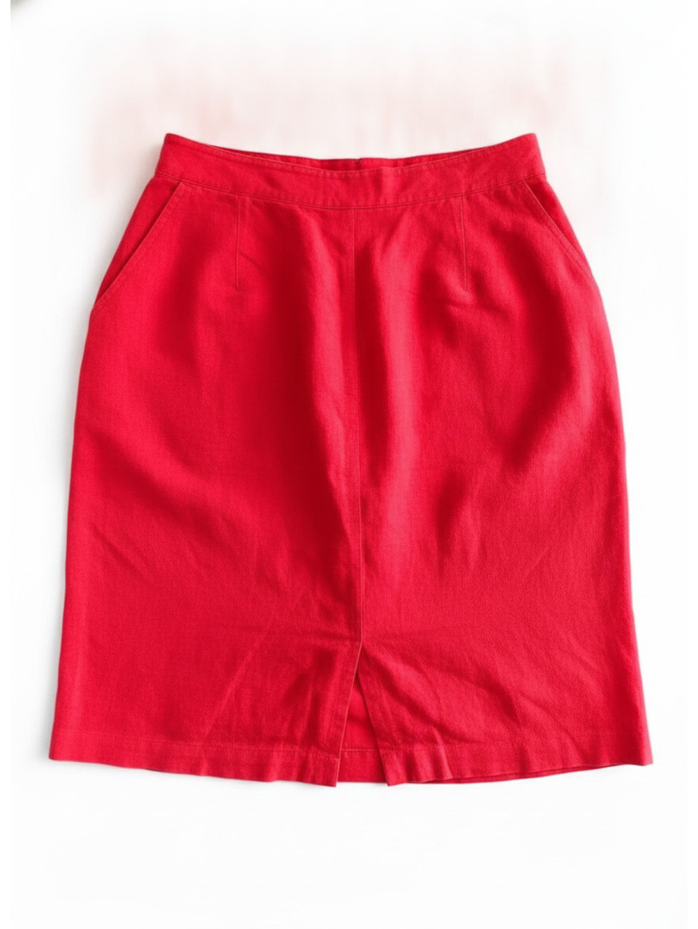 Vintage 70s Red Pencil Skirt with Button Front and Pockets, Cotton Linen Blend,